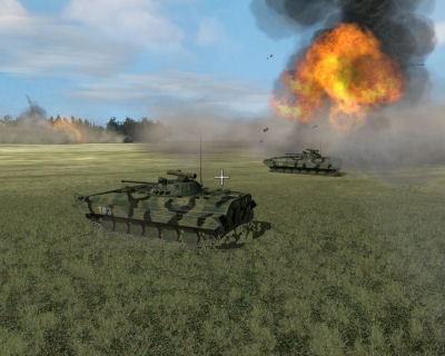 Two Russian BMP-2s rush past an exploding Russian T-72 during a tank on tank engagement.