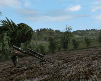 A US Army sniper, having just eliminated his targets, prepares to exfiltrate the scene.