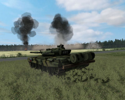 A Russian T-72 rolls forward amidst a massive tank battle.