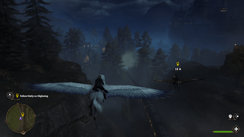 hogwarts legacy xbox series x Flying a Hippogriff at night, Hogwarts Express below.