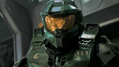 A rare shot of Master Chief wearing his helmet.