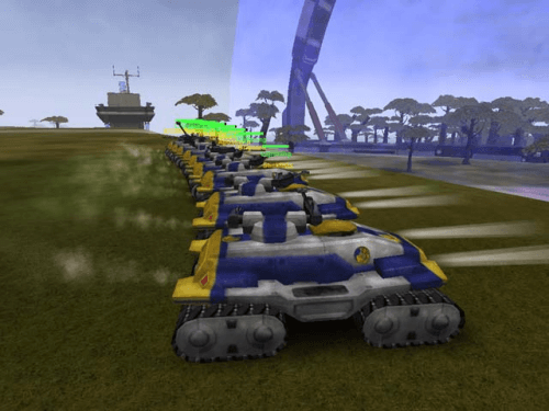 A huge squad of NC Lightning tanks gather at a warp gate.